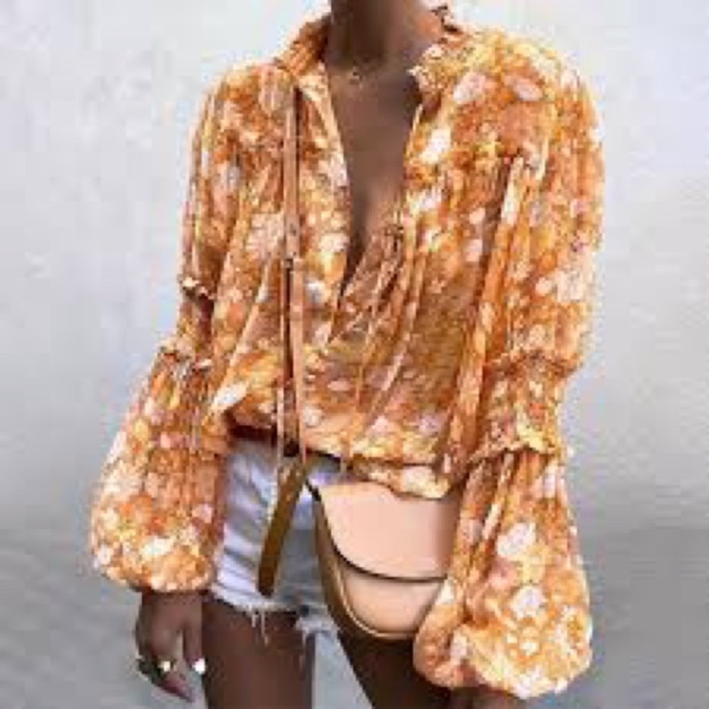OPT Floral Sheer Orange Boho Blouse - Picture 2 of 11